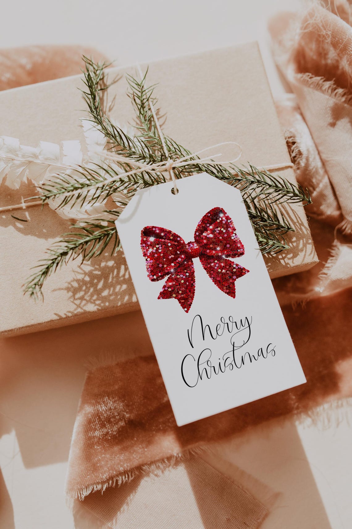 Red Glitter Bow Merry Christmas Holiday Gift Tag Design Print
