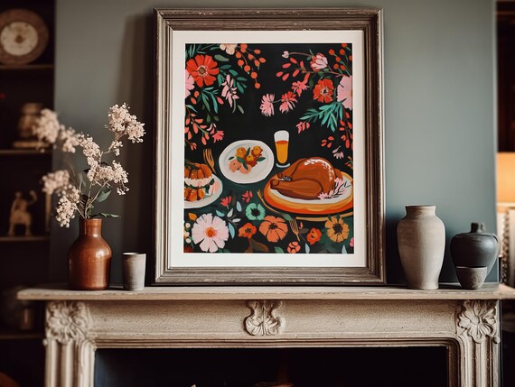 Thanksgiving Dinner Table Turkey Floral Feast Illustration Print