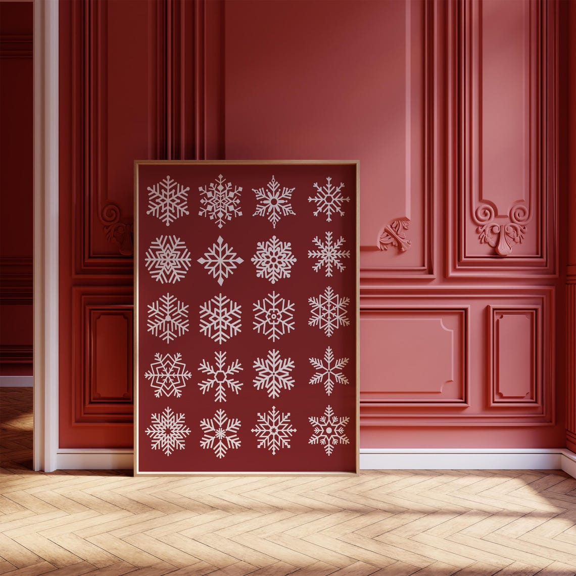 White Snowflakes On Burgundy Twenty Flake Scandinavian Winter Poster - Image 2