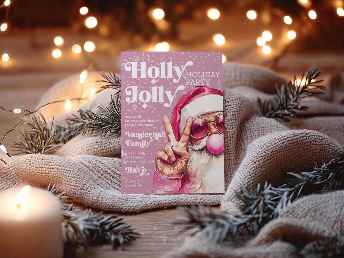 Holly Jolly Pink Santa Holiday Party Invitation Retro Invite Print - Image 3