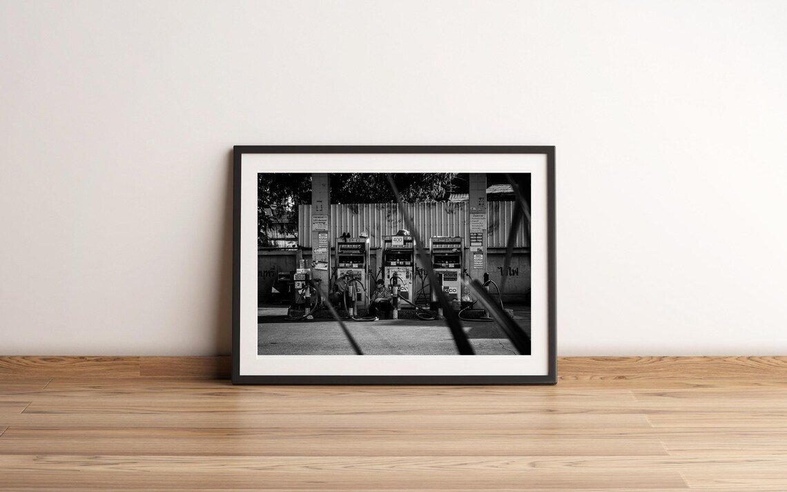 Vintage Bangkok Petrol Station Black White Street Photo Poster