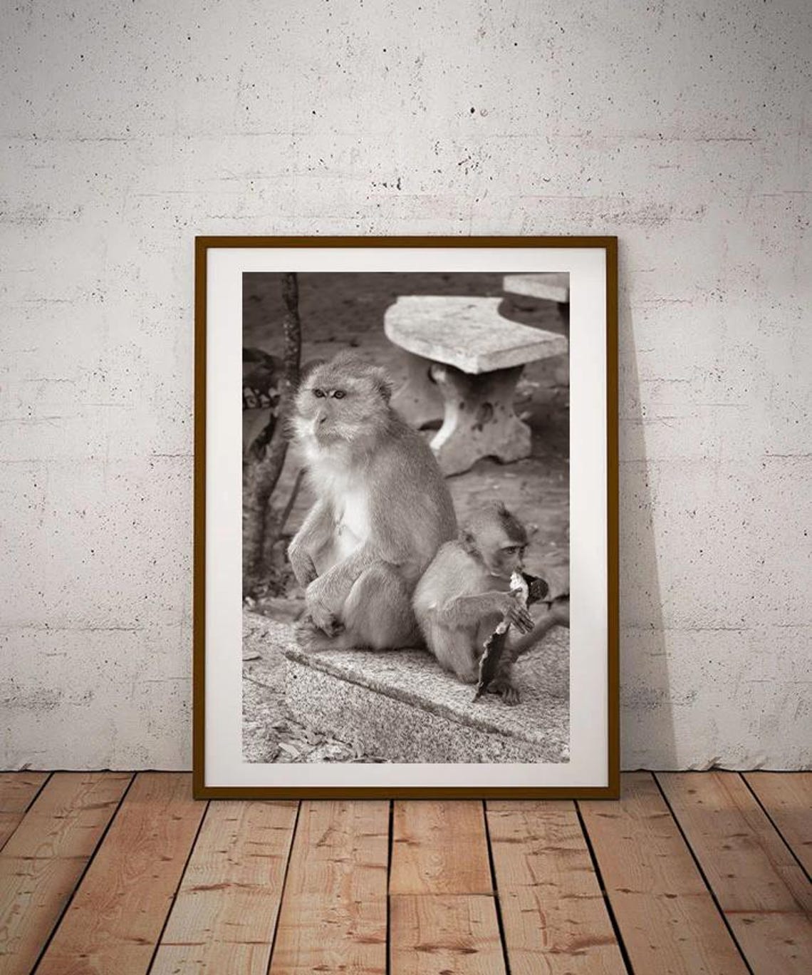 Macaque Monkey Mother and Baby Black and White Wildlife Photo Poster