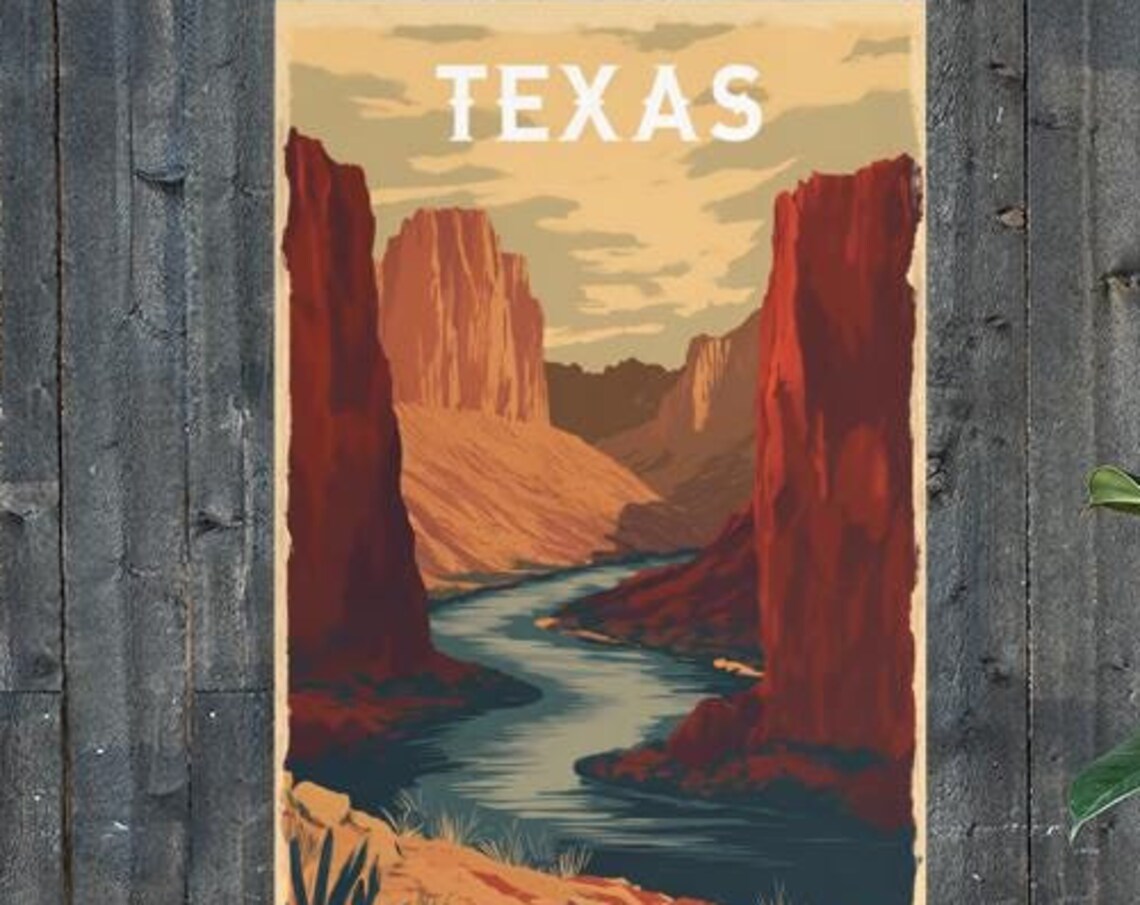 Texas Red Rock Canyon River Desert Vintage Landscape Travel Poster