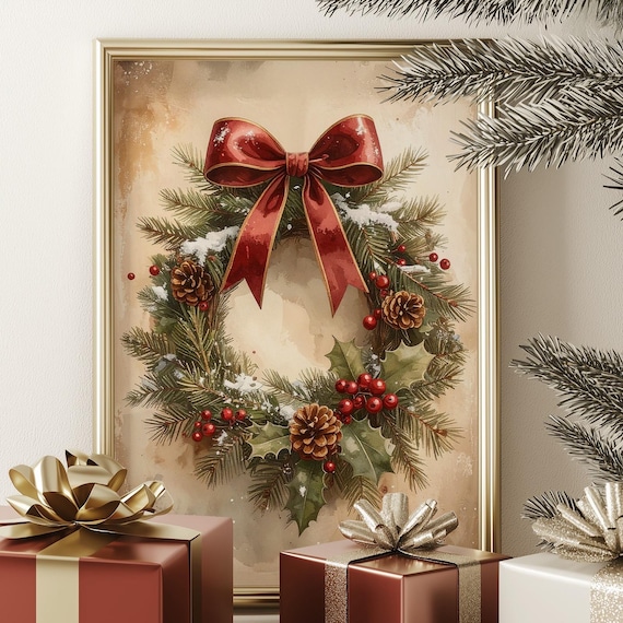 Christmas Wreath with Red Bow Pine Holly Watercolor Holiday Poster