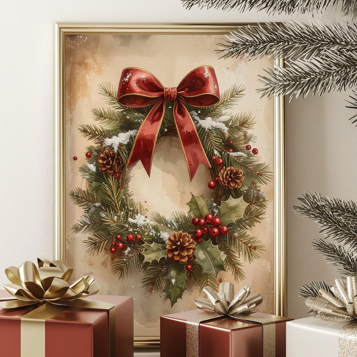 Christmas Wreath with Red Bow Pine Holly Watercolor Holiday Poster