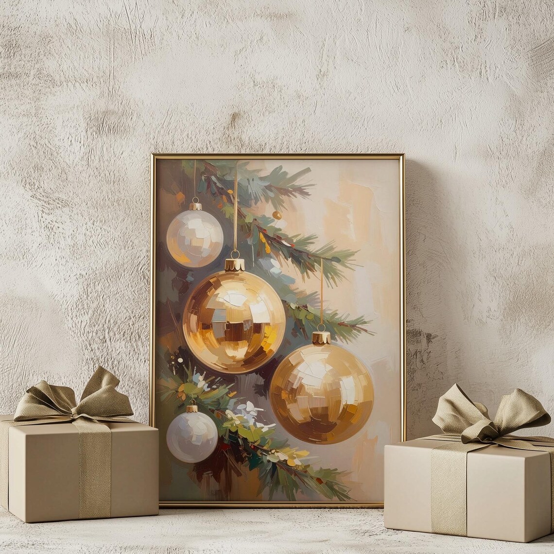 Gold and Ivory Christmas Baubles on Pine Branch Oil Painting Poster
