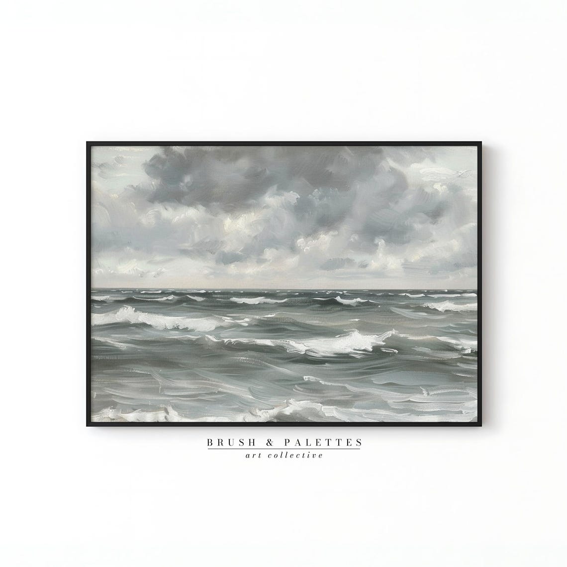Stormy Ocean Waves Painting Moody Gray Seascape Dramatic Sky Poster