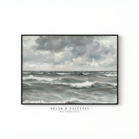 Stormy Ocean Painting Moody Seascape Wall Decor Dramatic Sky Waves Artwork For Coastal Lodge Or Nautical Homes
