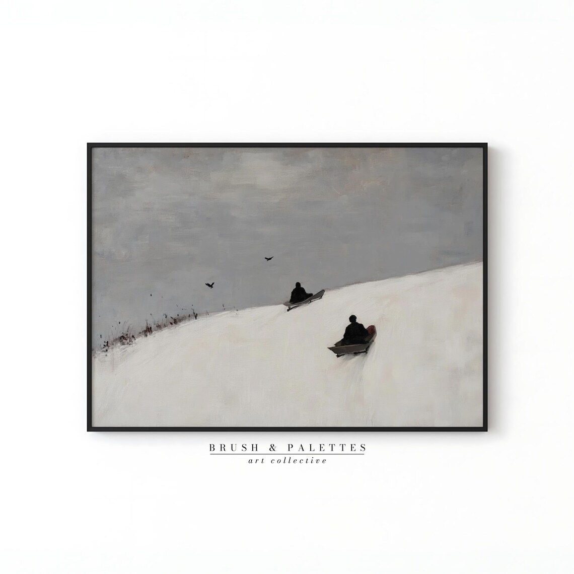 Two Sledders On Snowy Hill Under Gray Sky Vintage Winter Scene Print