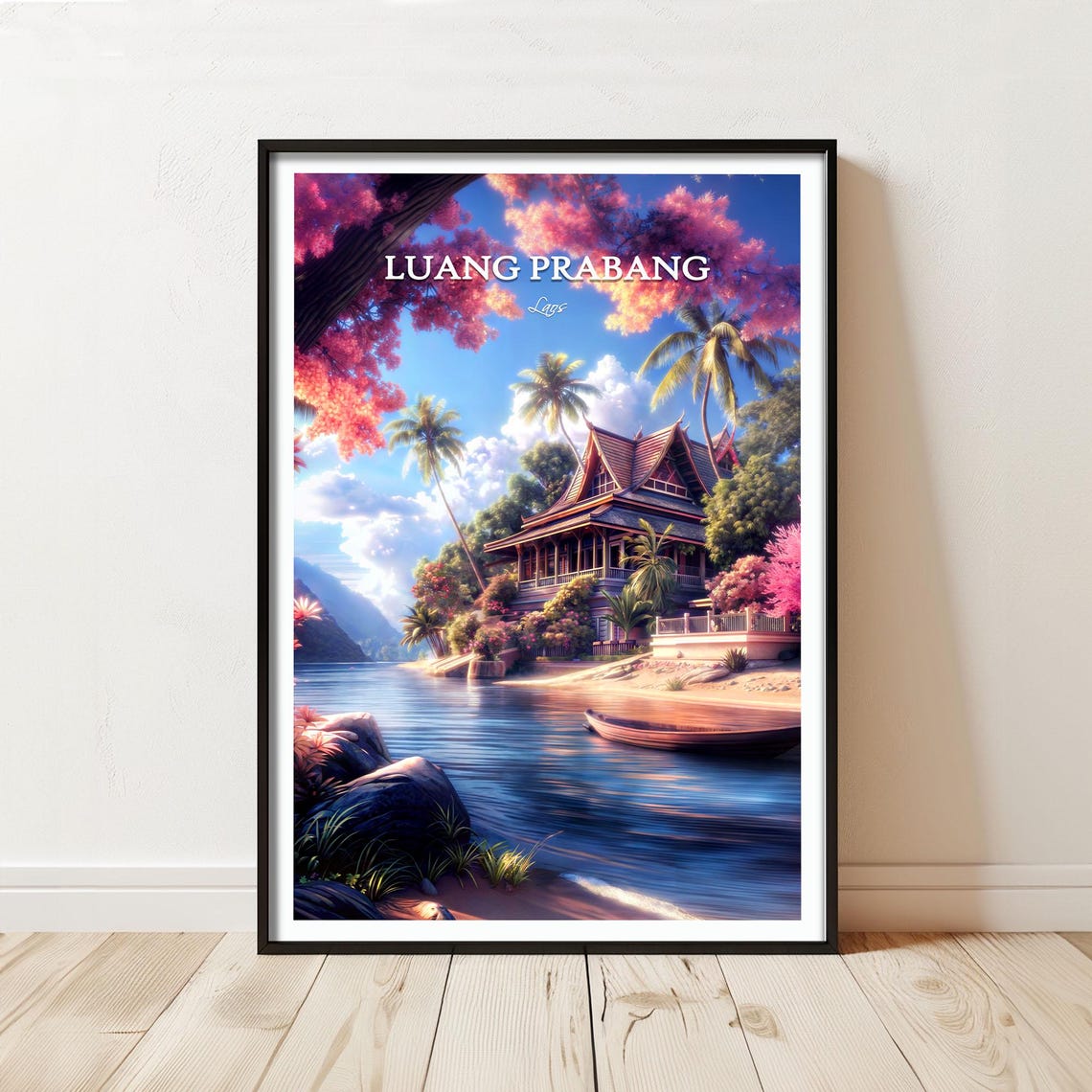 Luang Prabang Laos Riverside Villa Pink Blossom Vintage Travel Poster