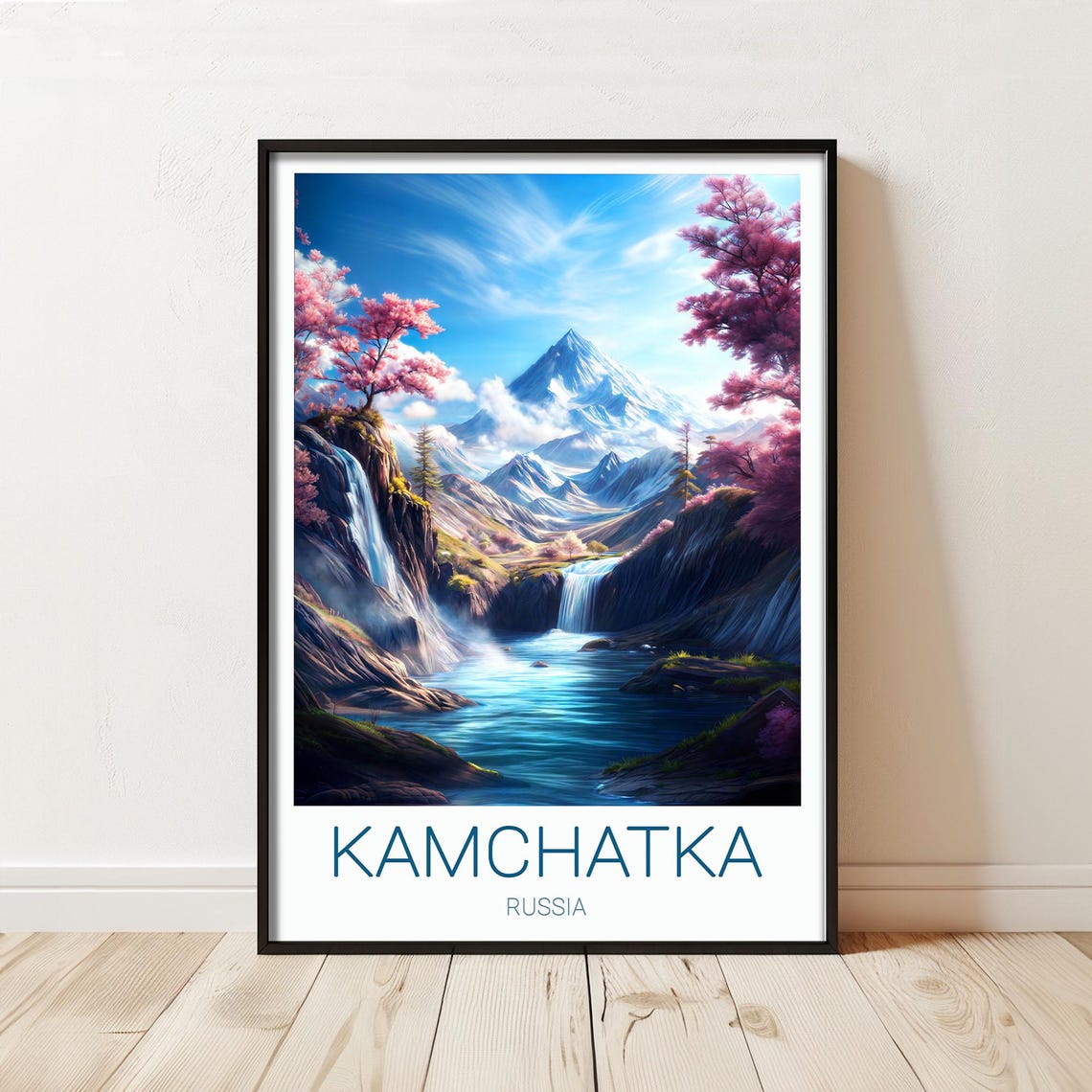 Kamchatka Russia Volcano Waterfall Wild Landscape Travel Poster