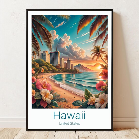 Hawaii USA Hibiscus Flowers Sunset Beach Palm Coastline Travel Poster