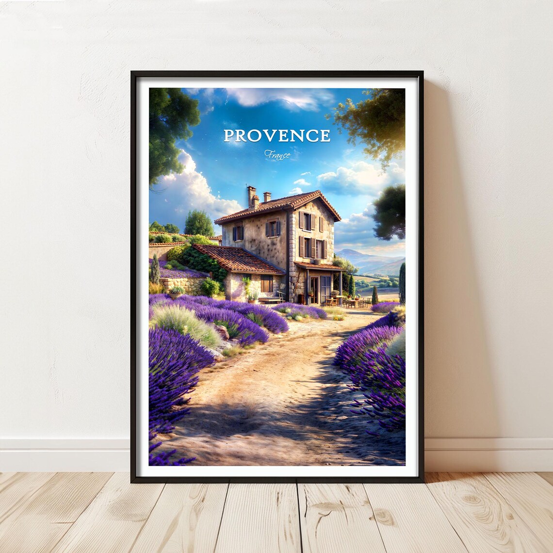 Provence France Lavender Fields Farmhouse With Top Text Travel Poster