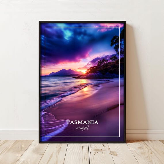 Tasmania Sunset Beach Poster Purple Pink Ocean View Coastal Wall Art