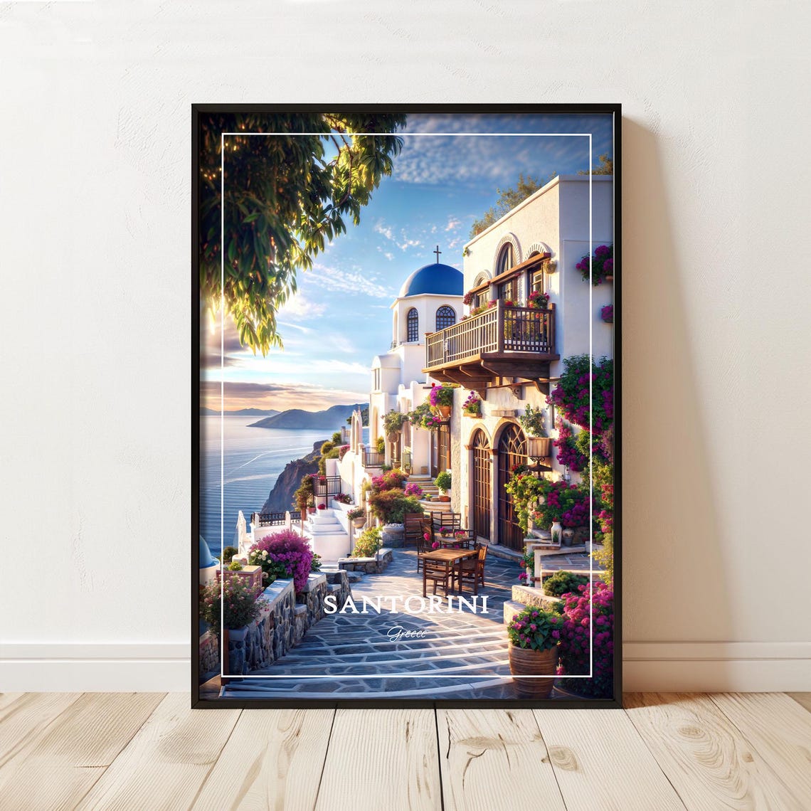 Santorini Greece Poster with Whitewashed Street and Blue Dome View