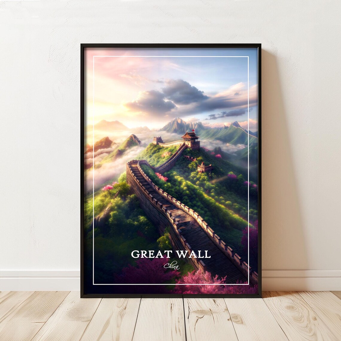Great Wall Of China Sunrise Blossom Hills White Border Travel Poster