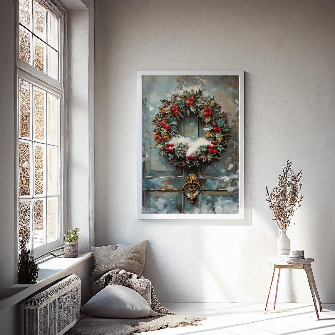 Christmas Wreath Holly Berries Blue Door Knocker Winter Wall Art Print - Image 2