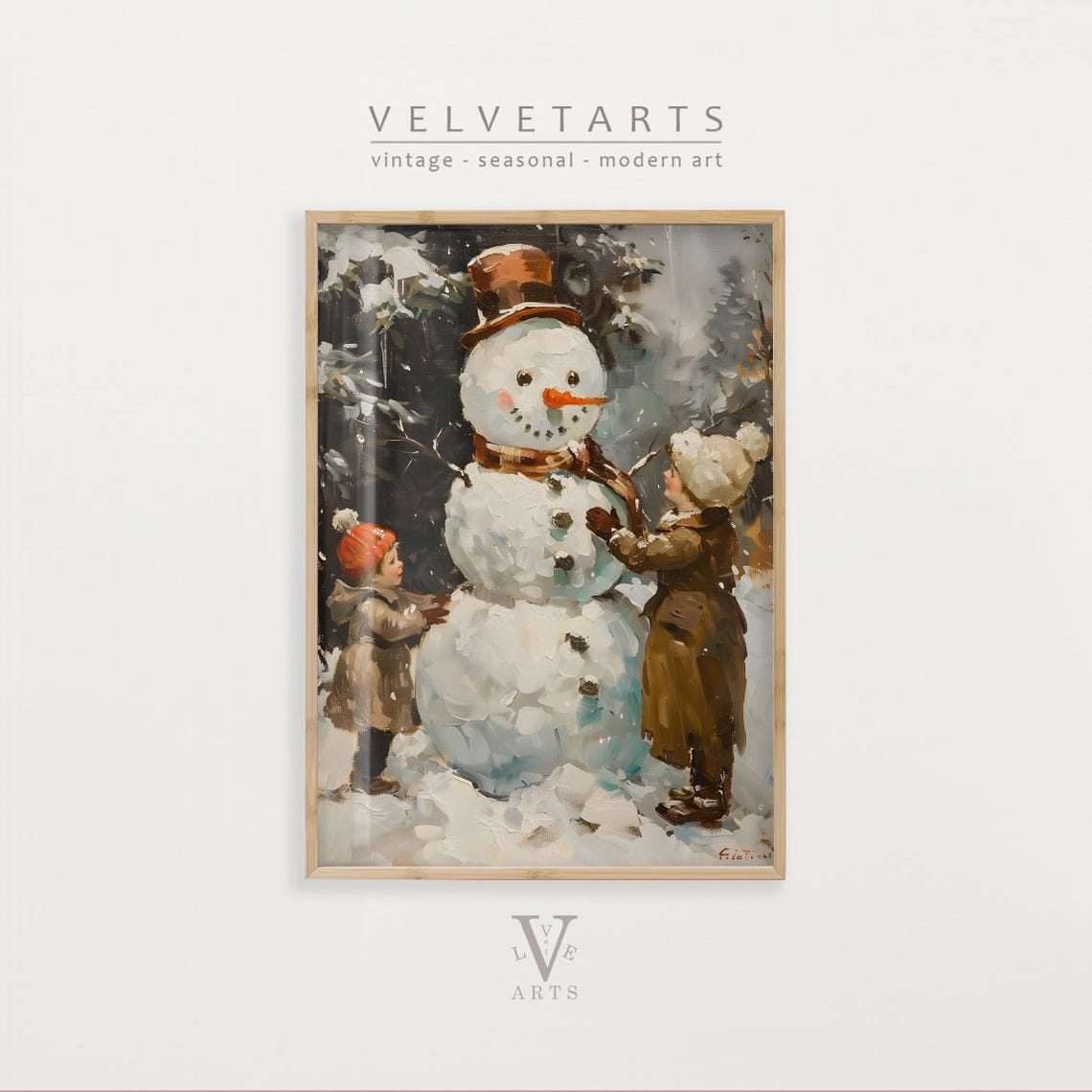 Two Children Building a Big Snowman With Top Hat Winter Poster
