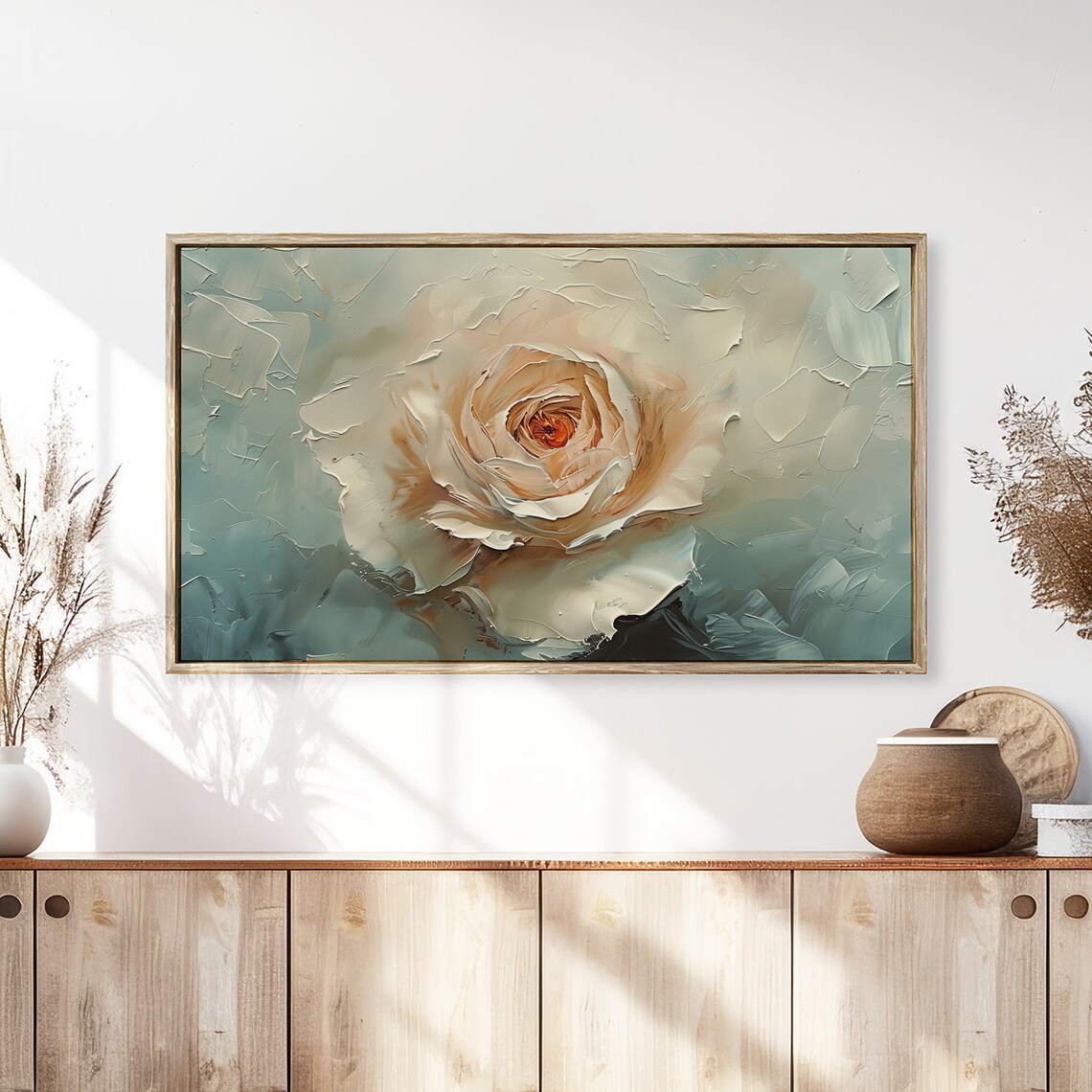 Cream Rose On Blue Grey Textured Vintage Floral Painting Wall Art - Image 3