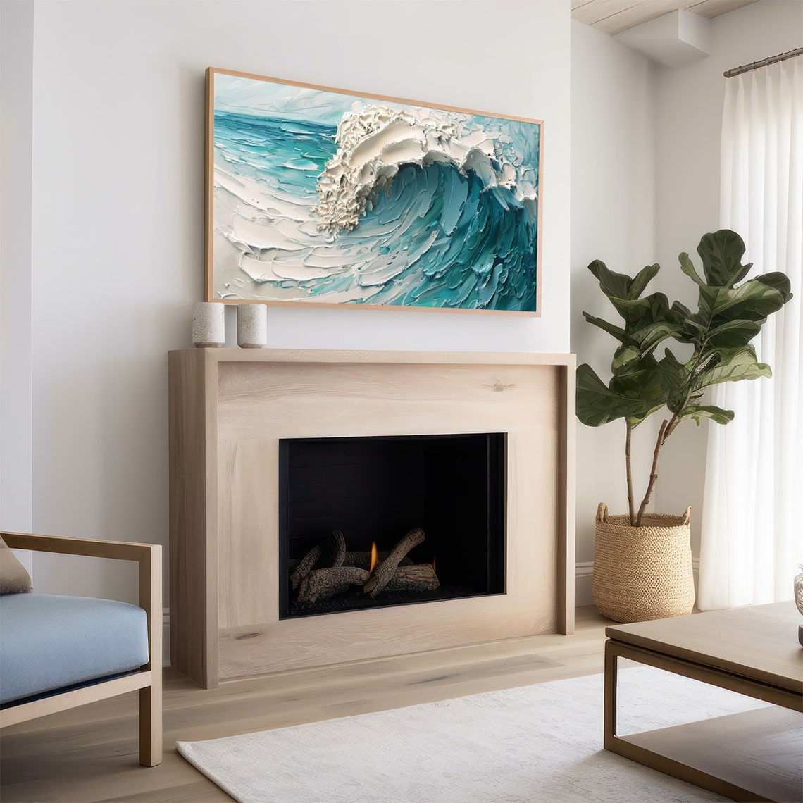 Turquoise Ocean Wave Impasto Textured Coastal Surf Art Poster - Image 2