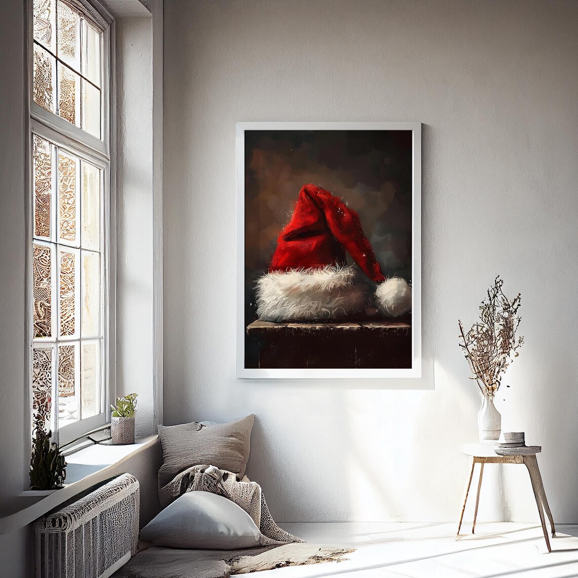 Santa Hat Still Life Moody Vintage Christmas Painting Wall Art - Image 2