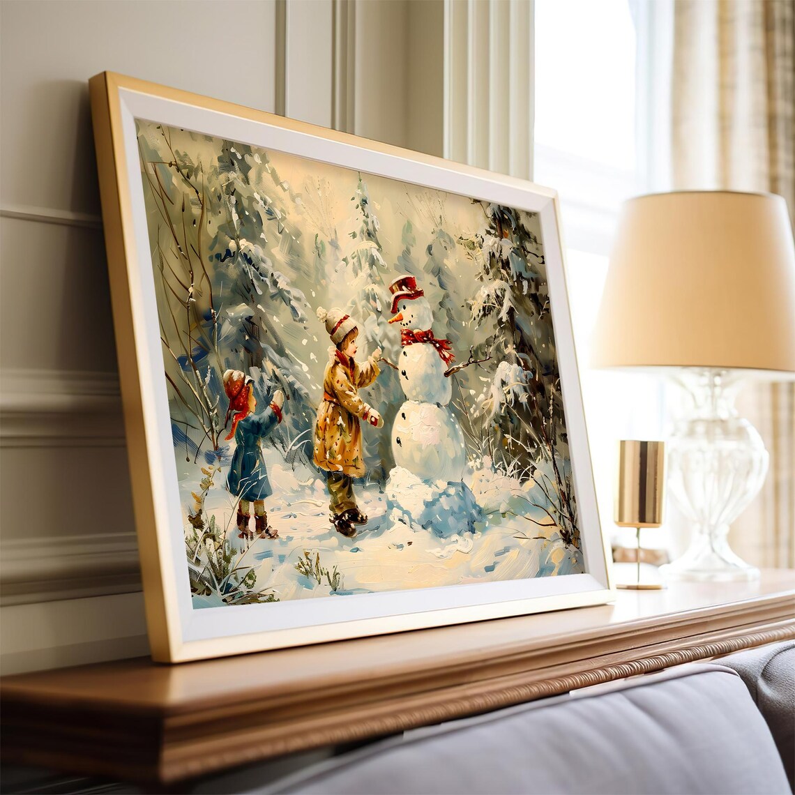 Children Building Snowman in Snowy Woods Vintage Christmas Poster