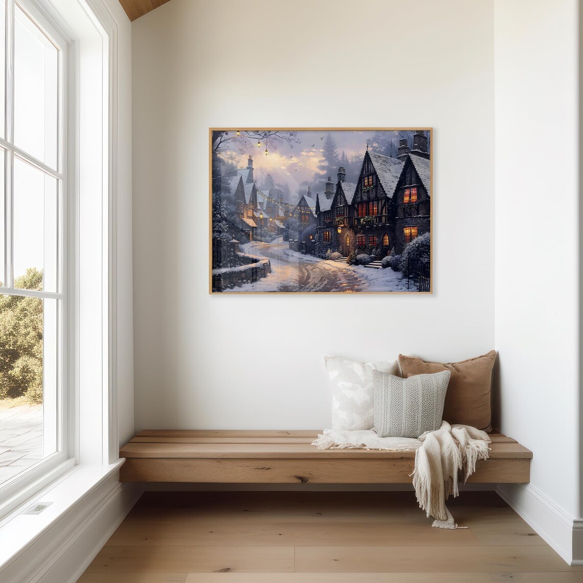 Twilight Snowy Village Tudor Cottages Glowing Windows Wall Art Print - Image 3