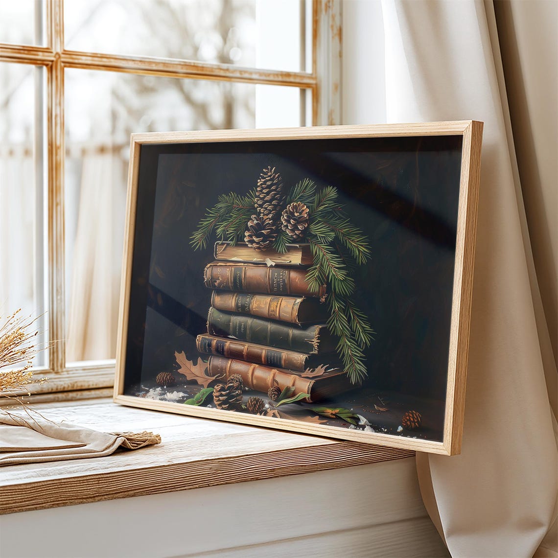 Antique Books Stack Pine Cones Winter Vintage Christmas Wall Art Print - Image 2