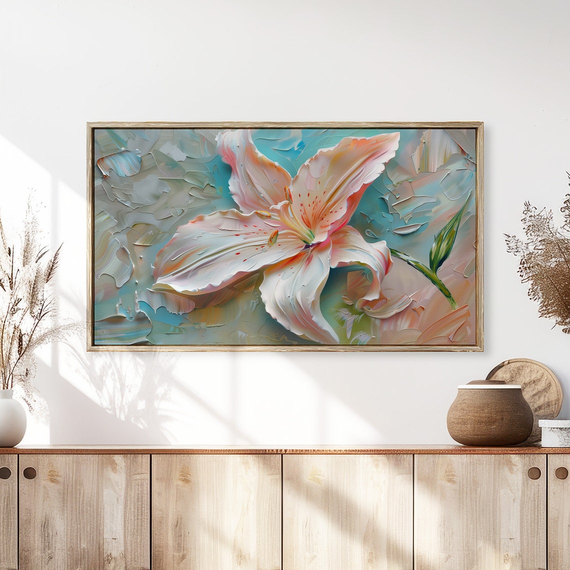 Blooming Lily Pink White Teal Textured Floral Painting Wall Art - Image 3