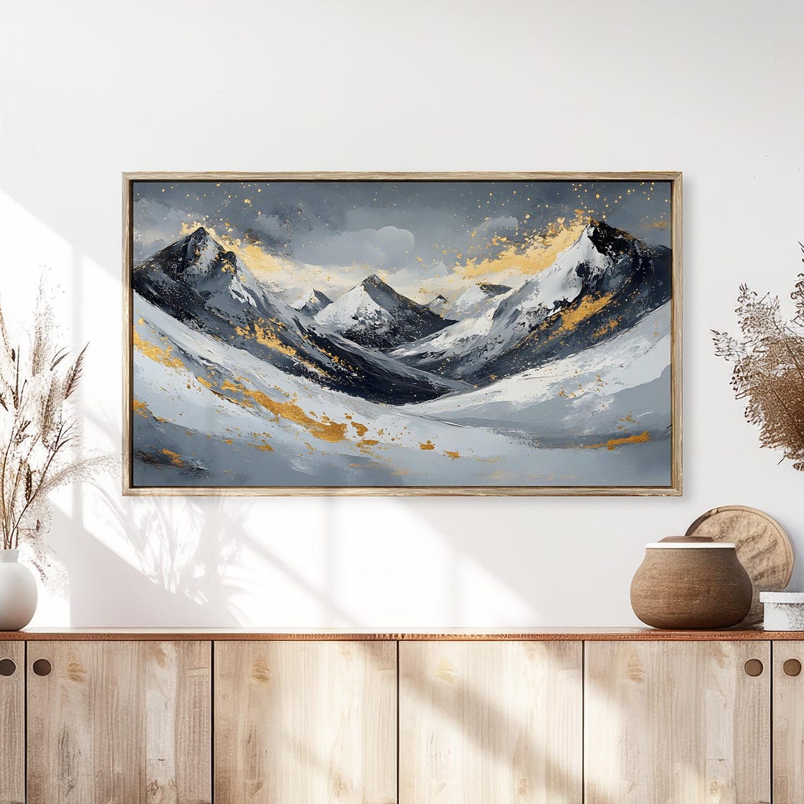 Abstract Snowy Mountain Peaks With Gold Accents Winter Art Poster - Image 3