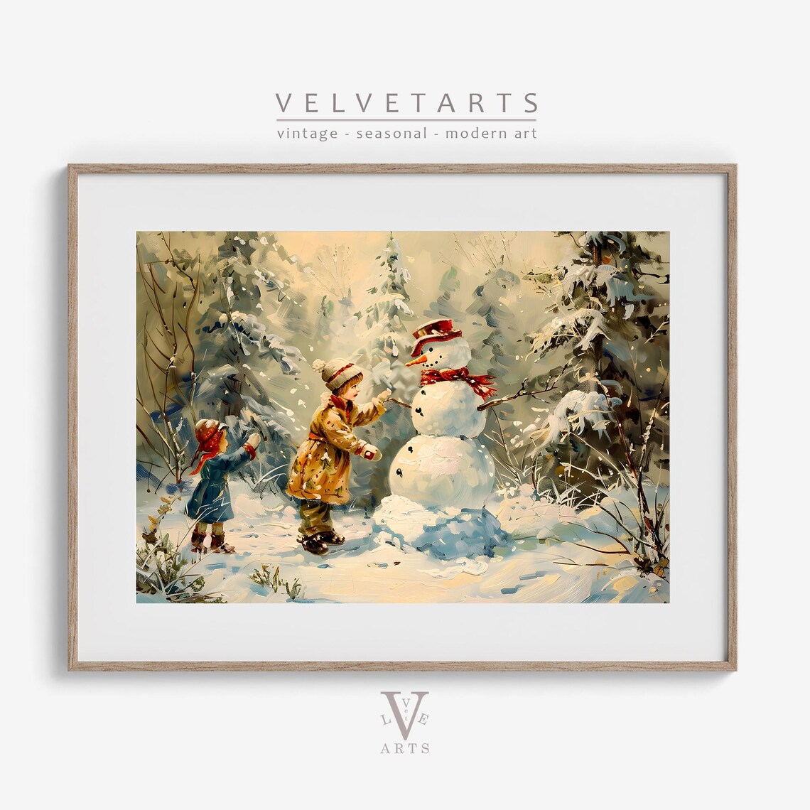 Children Building Snowman in Snowy Woods Vintage Christmas Poster - Image 5