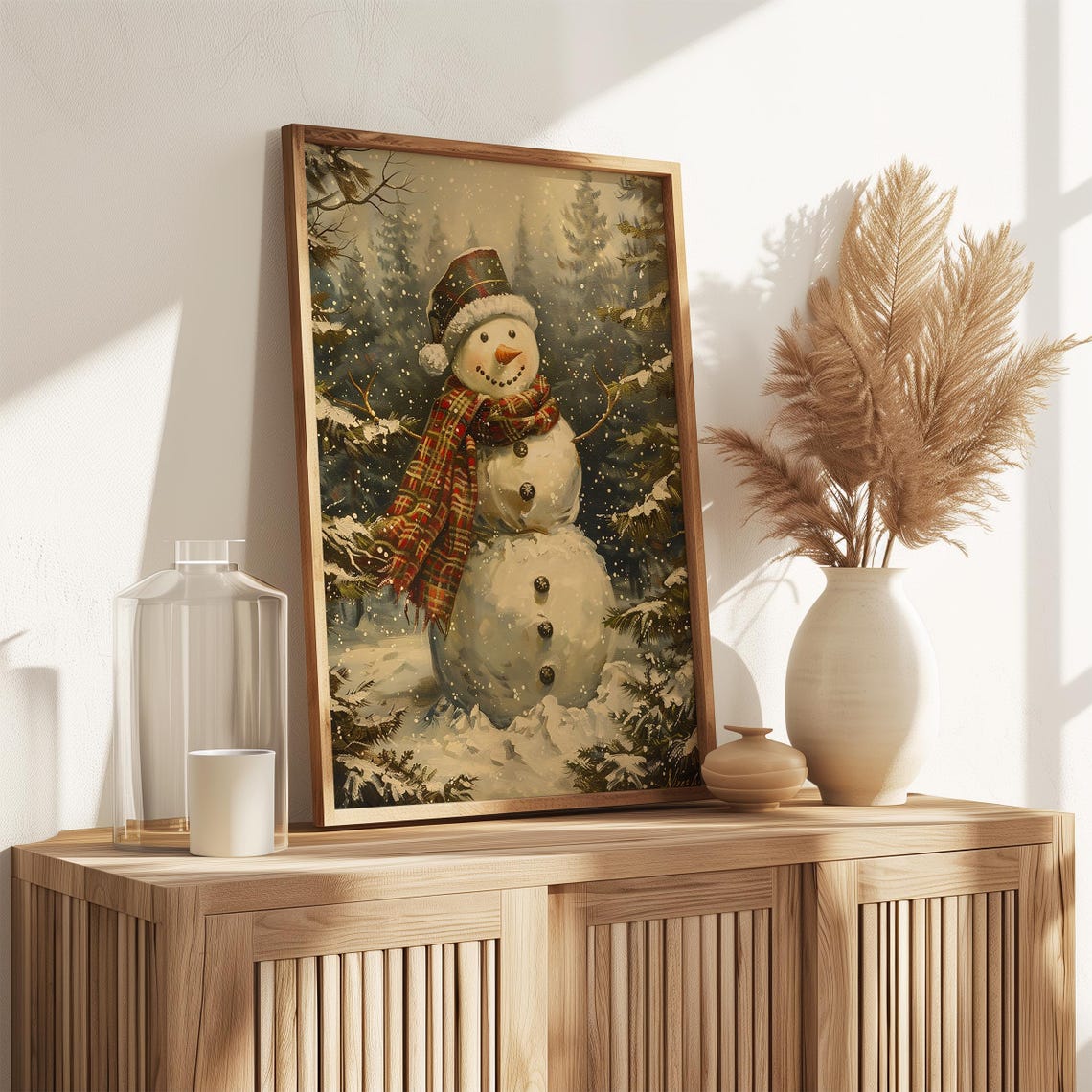 Smiling Snowman With Plaid Scarf and Hat Among Pines Wall Art - Image 3