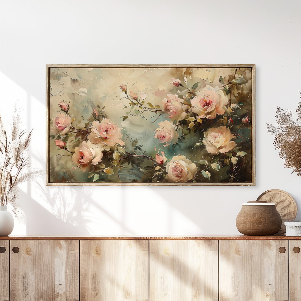 Blush Pink Garden Roses Impressionist Floral Painting Neutral Wall Art - Image 3