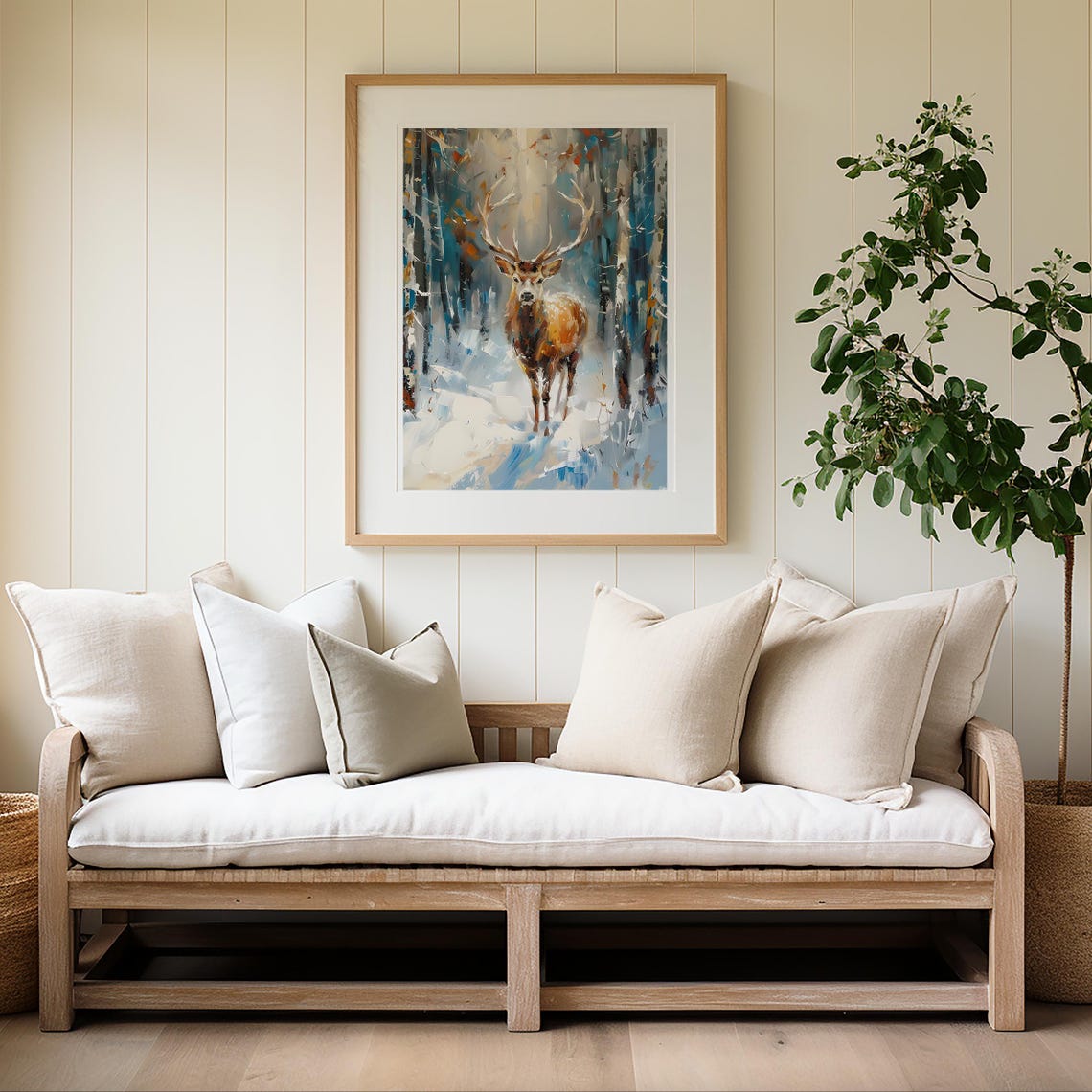 Majestic Stag in a Snowy Winter Forest Vintage Painting Wall Art - Image 4