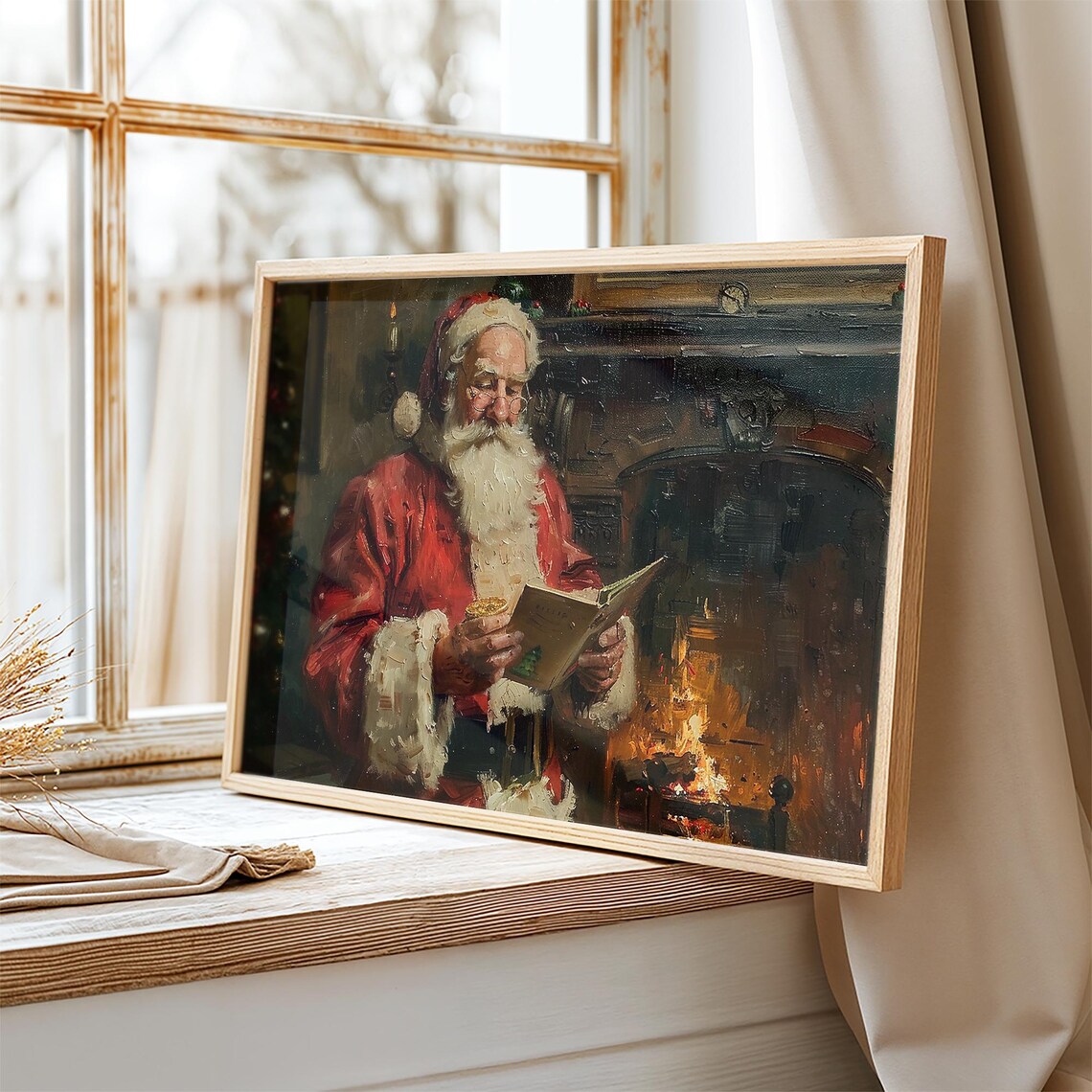 Santa Claus Reading His Letter by the Fireplace Christmas Poster - Image 2