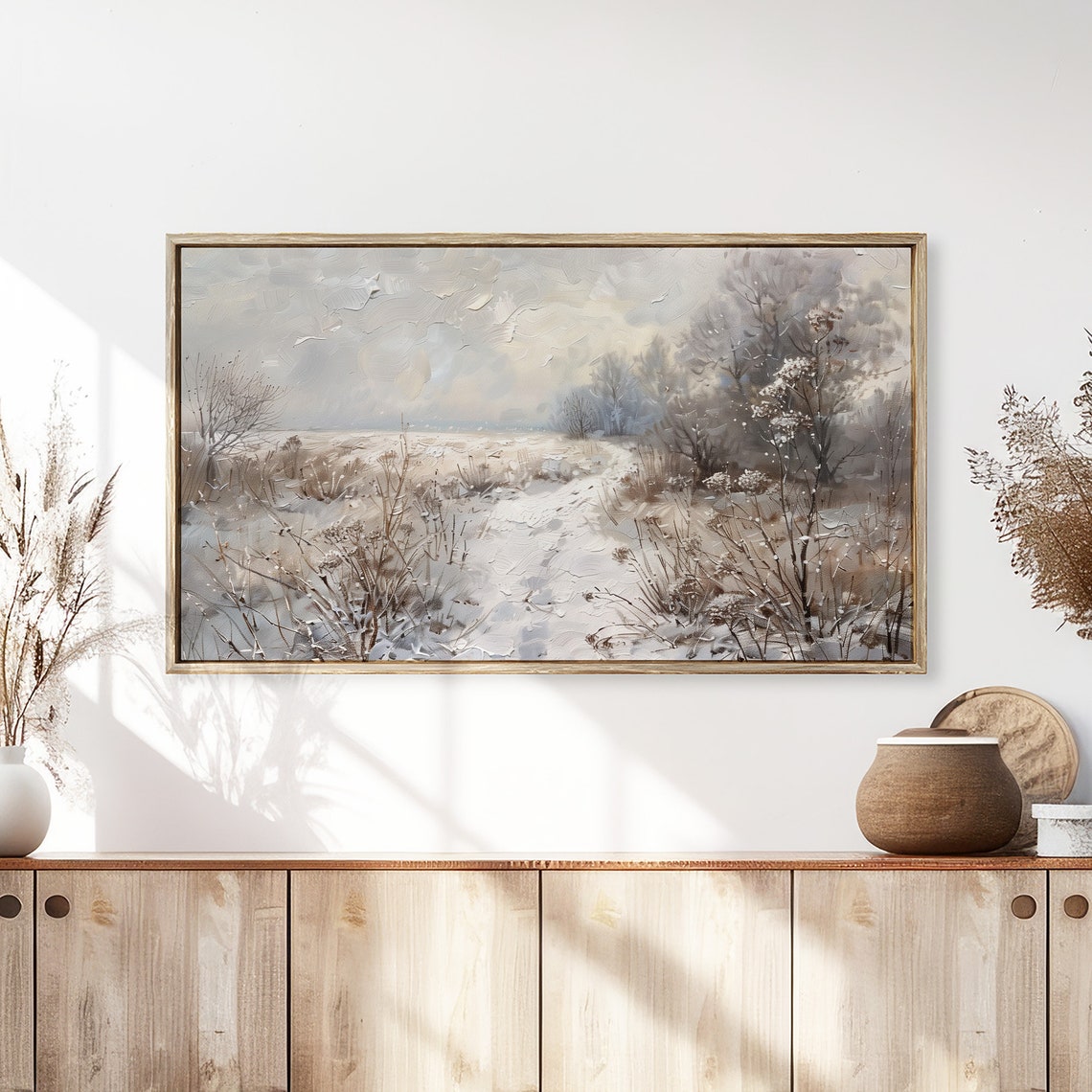 Winter Meadow Frost Neutral Vintage Landscape Painting Wall Art - Image 3