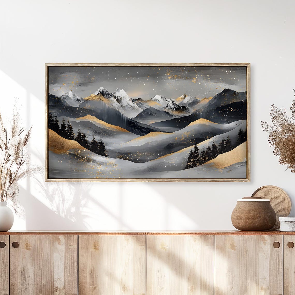 Golden Snowy Mountain Peaks and Pine Forest Abstract Wall Art - Image 3