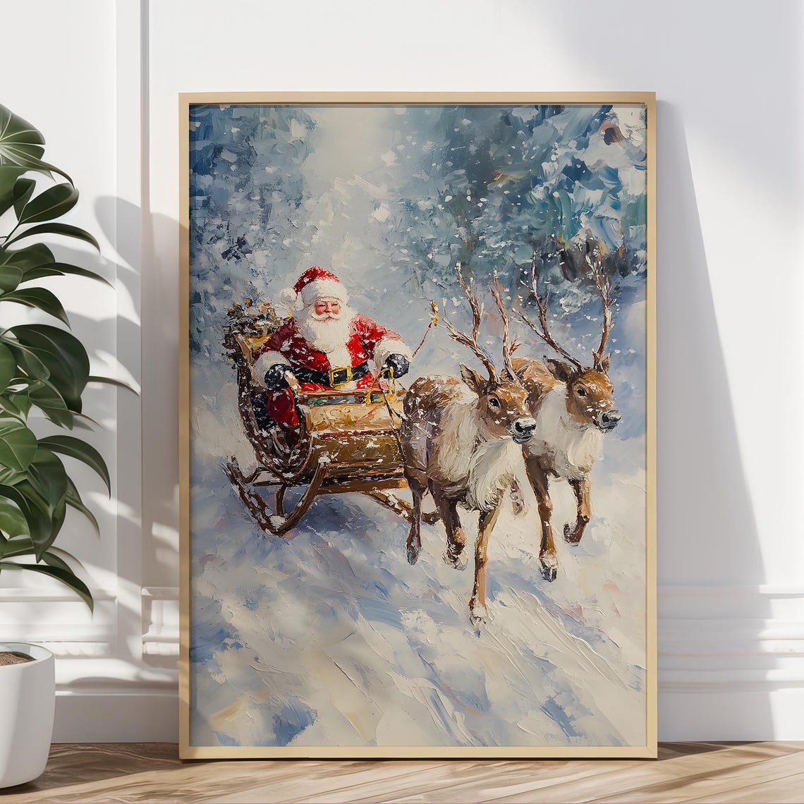 Santa Sleigh Two Reindeer Snowy Winter Flight Vintage Wall Art Print - Image 5