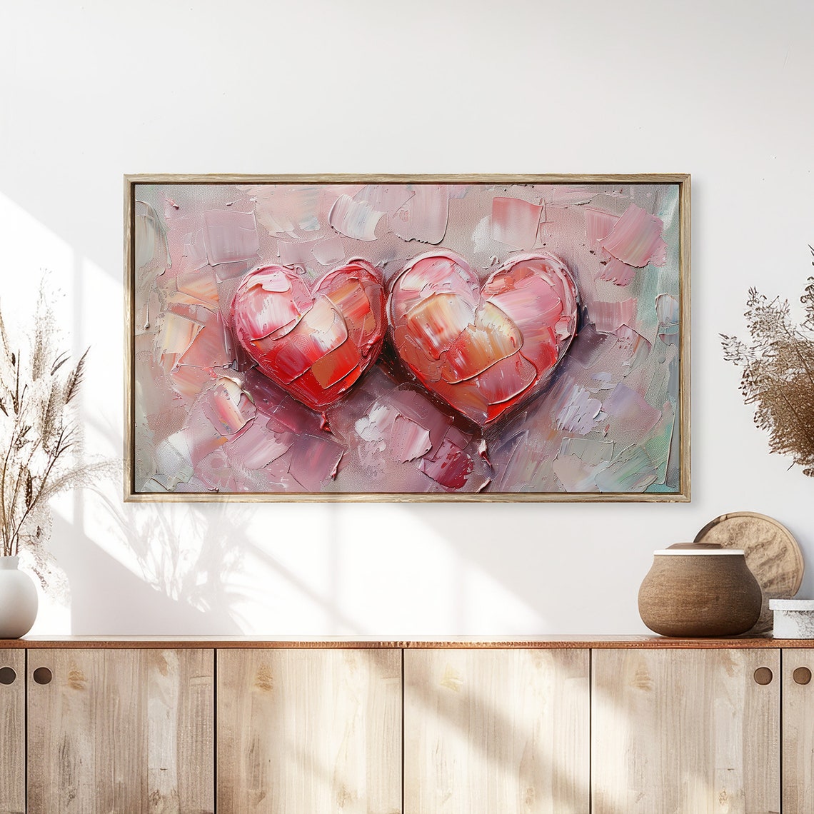 Red Impasto Hearts Romantic Valentine Textured Painting Love Wall Art - Image 3