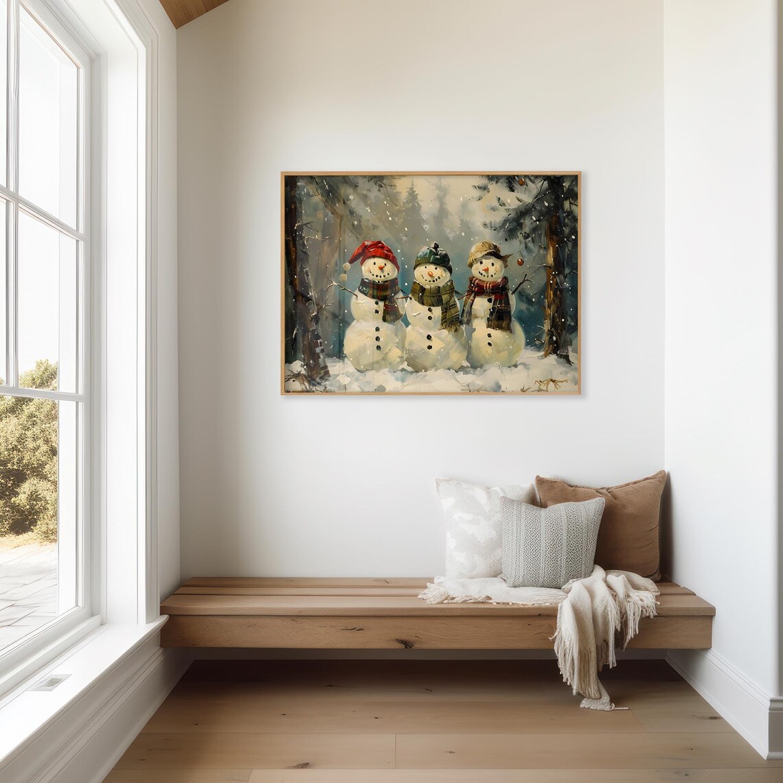 Frosty Snowman Trio With Festive Hats in Snowy Woods Wall Art - Image 3