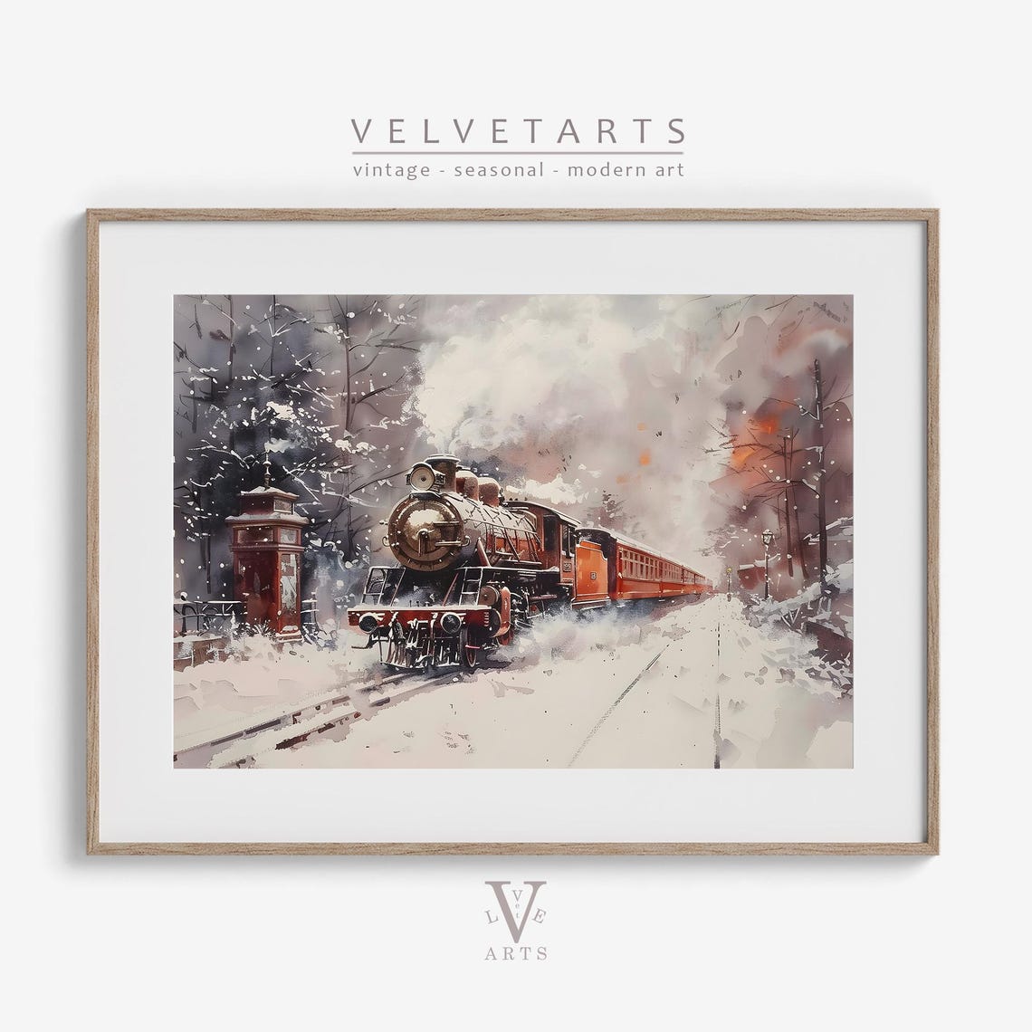 Vintage Steam Train Snowy Winter Landscape Christmas Wall Art Poster