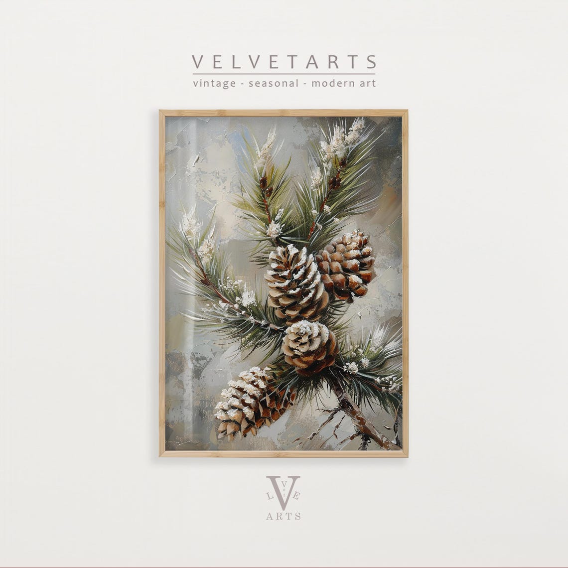 Frosted Pine Cones Evergreen Branch Winter Botanical Wall Art Poster