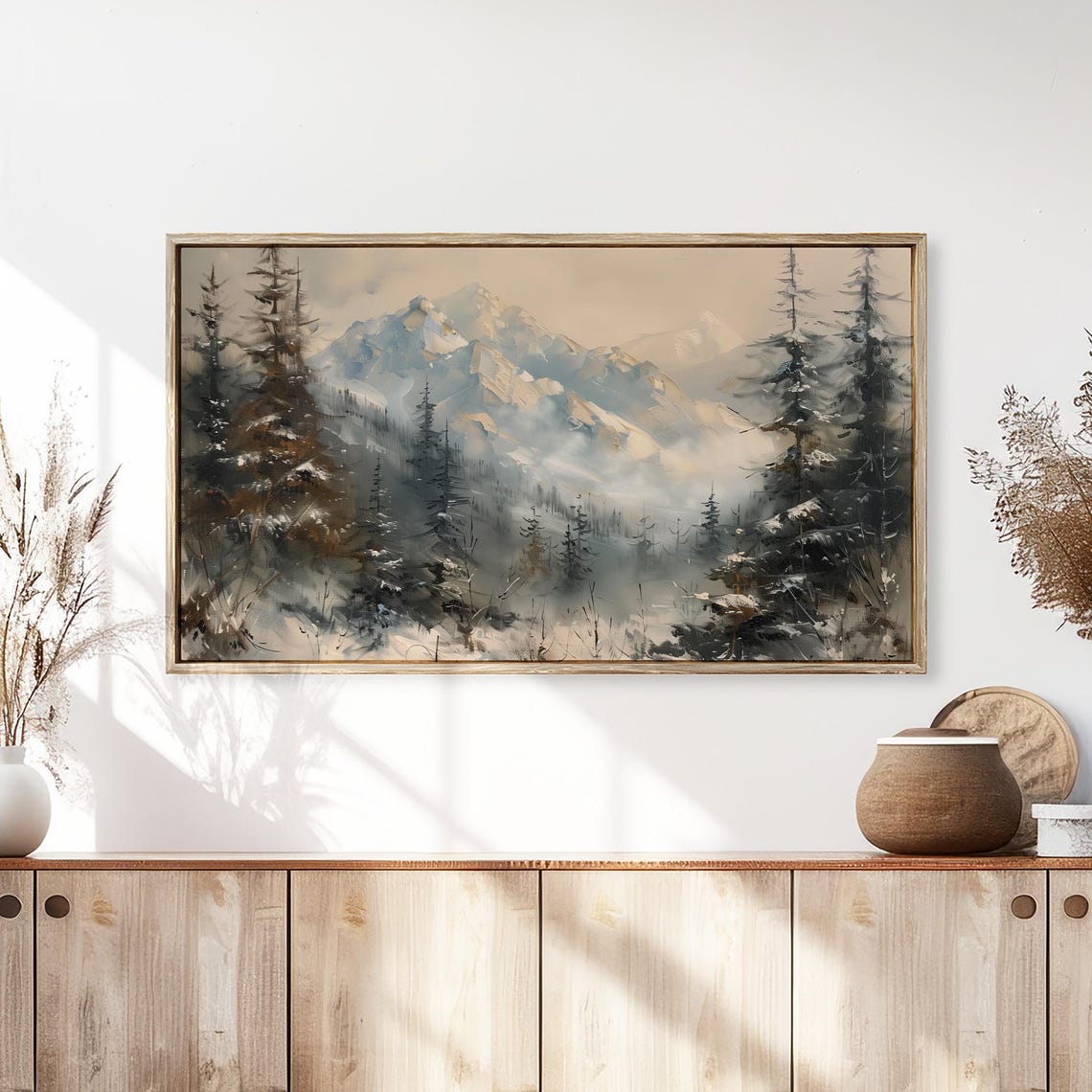 Snow Covered Mountain Peaks and Pines in Soft Mist Winter Poster - Image 3