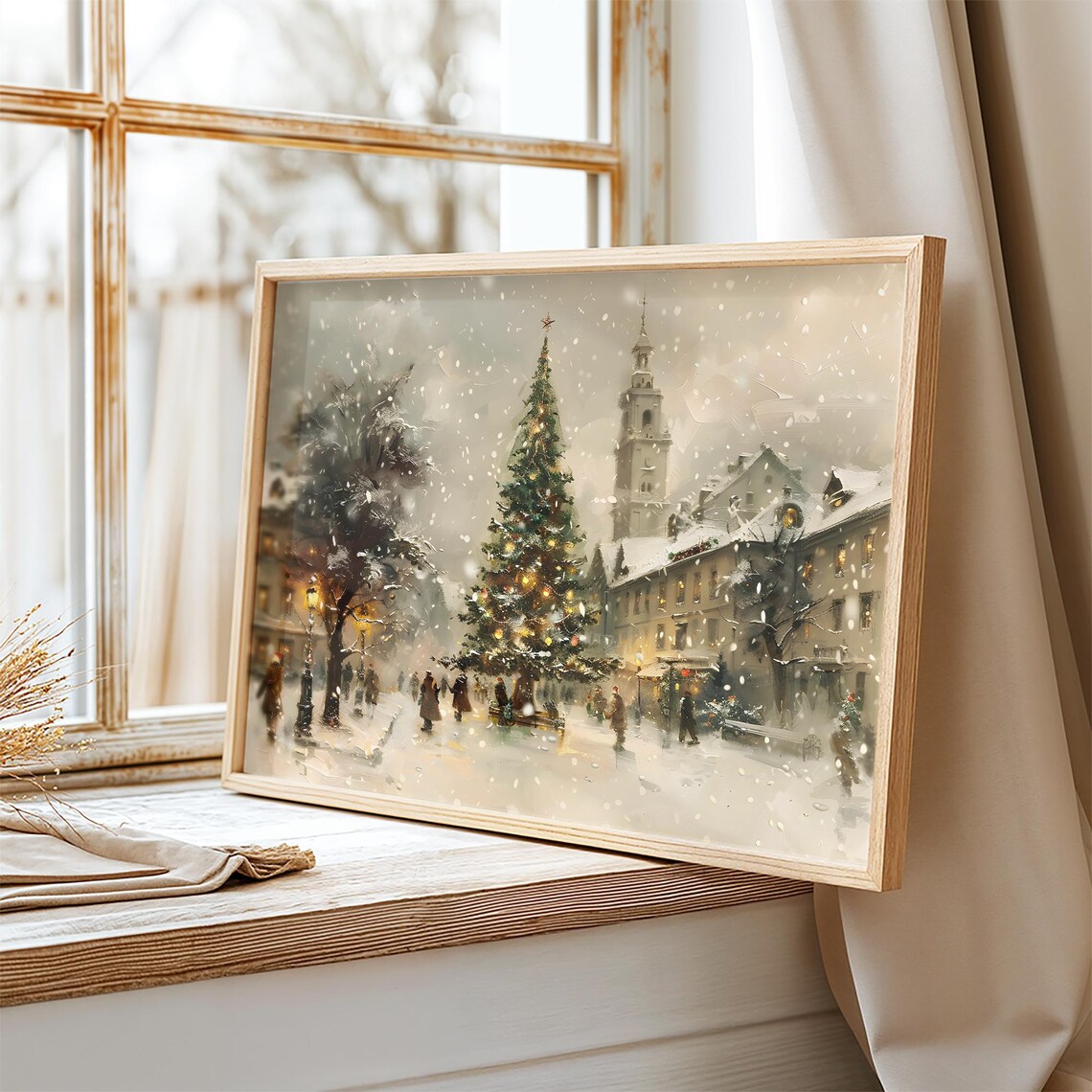 Snowy Village Square Christmas Tree Old Town Winter Wall Art Poster - Image 2