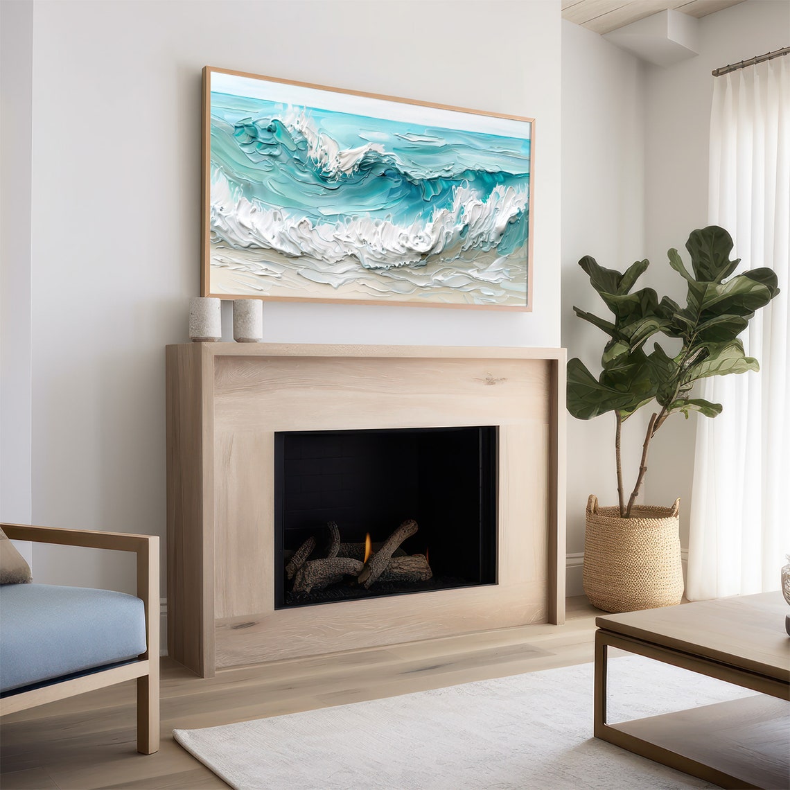 Turquoise Tide Foam Waves Impasto Coastal Beach Painting Poster - Image 2