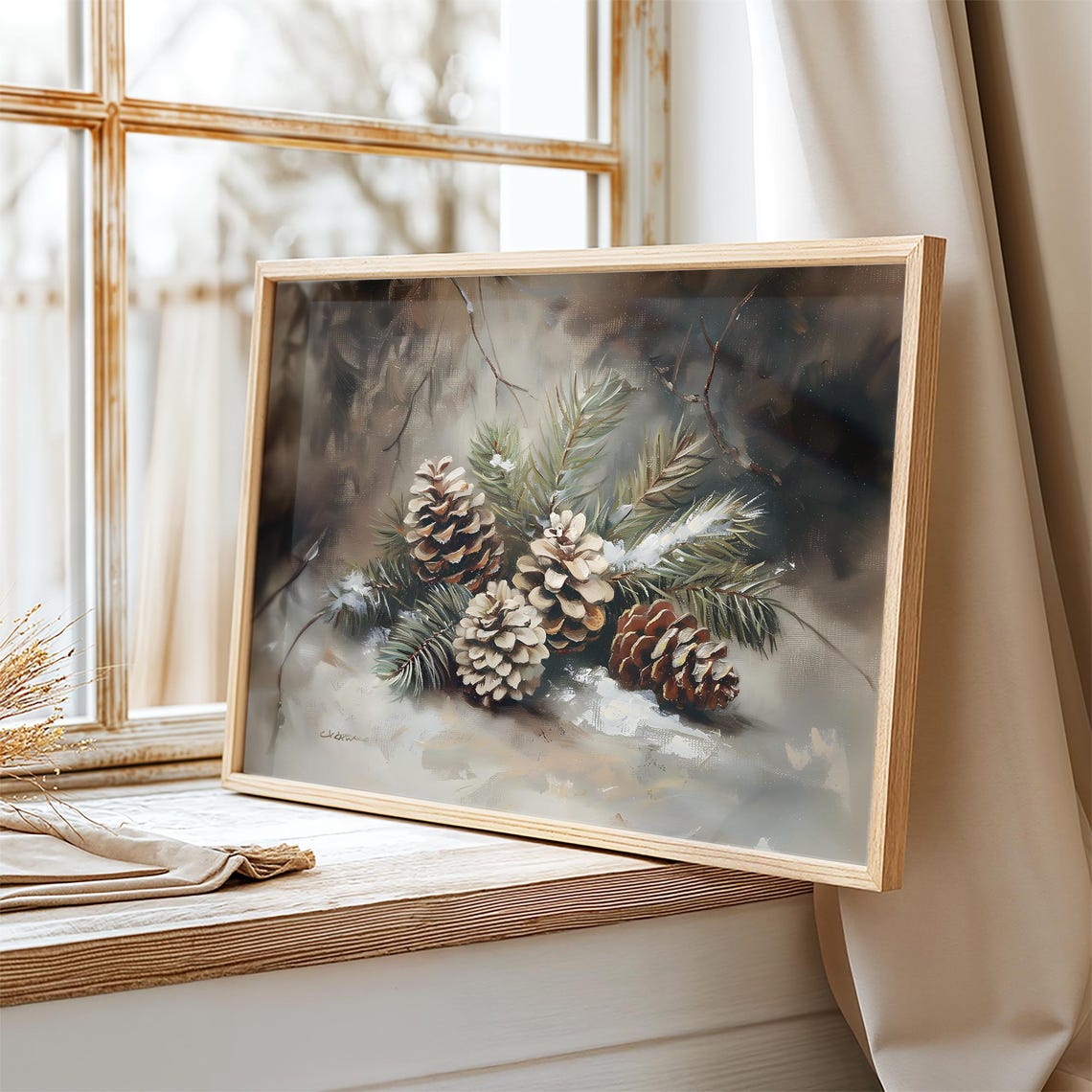 Frosted Pinecones Evergreen Branches Neutral Winter Wall Art Poster - Image 2