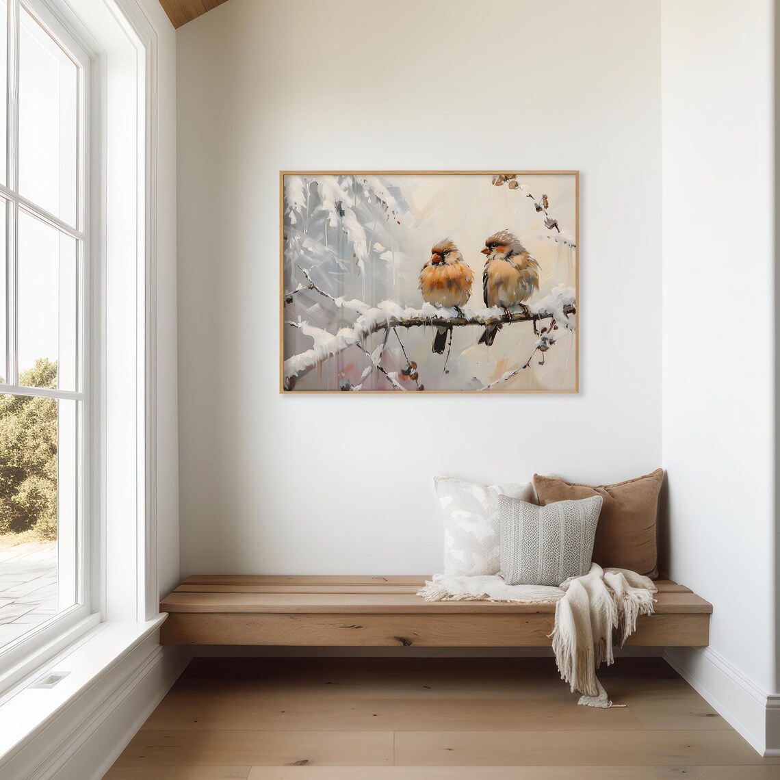 Winter Finches Snowy Branch Vintage Bird Painting Sweet Cozy Wall Art - Image 3