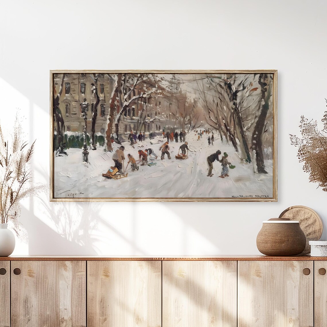 Families Sledding in a Snowy Park Vintage Winter Painting Poster - Image 3