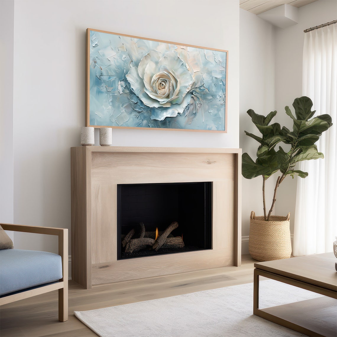 Blue White Rose Abstract Floral Textured Cool Painting Wall Art - Image 2