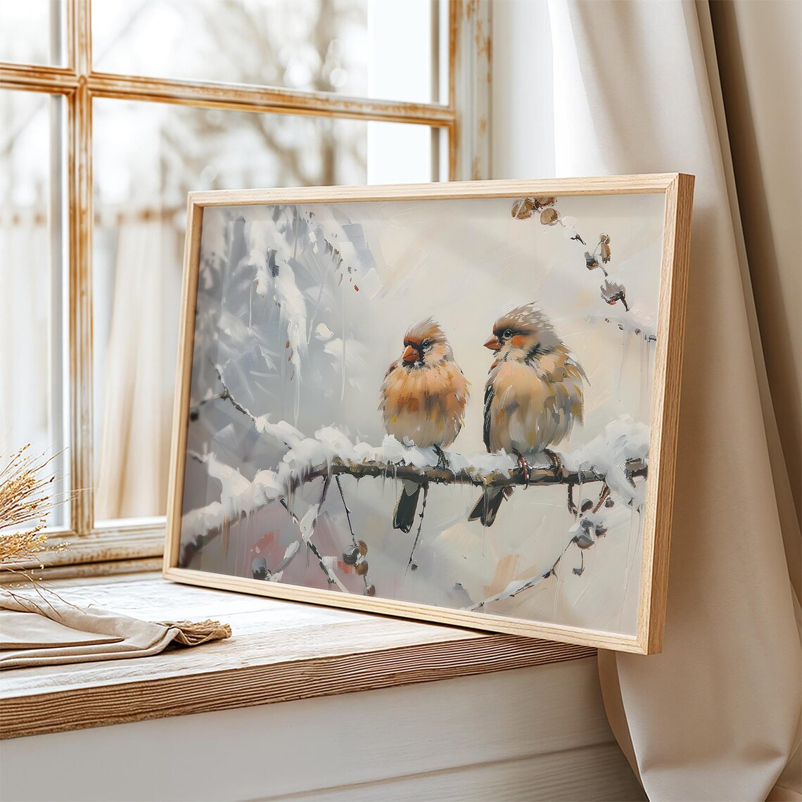 Winter Finches Snowy Branch Vintage Bird Painting Sweet Cozy Wall Art - Image 2